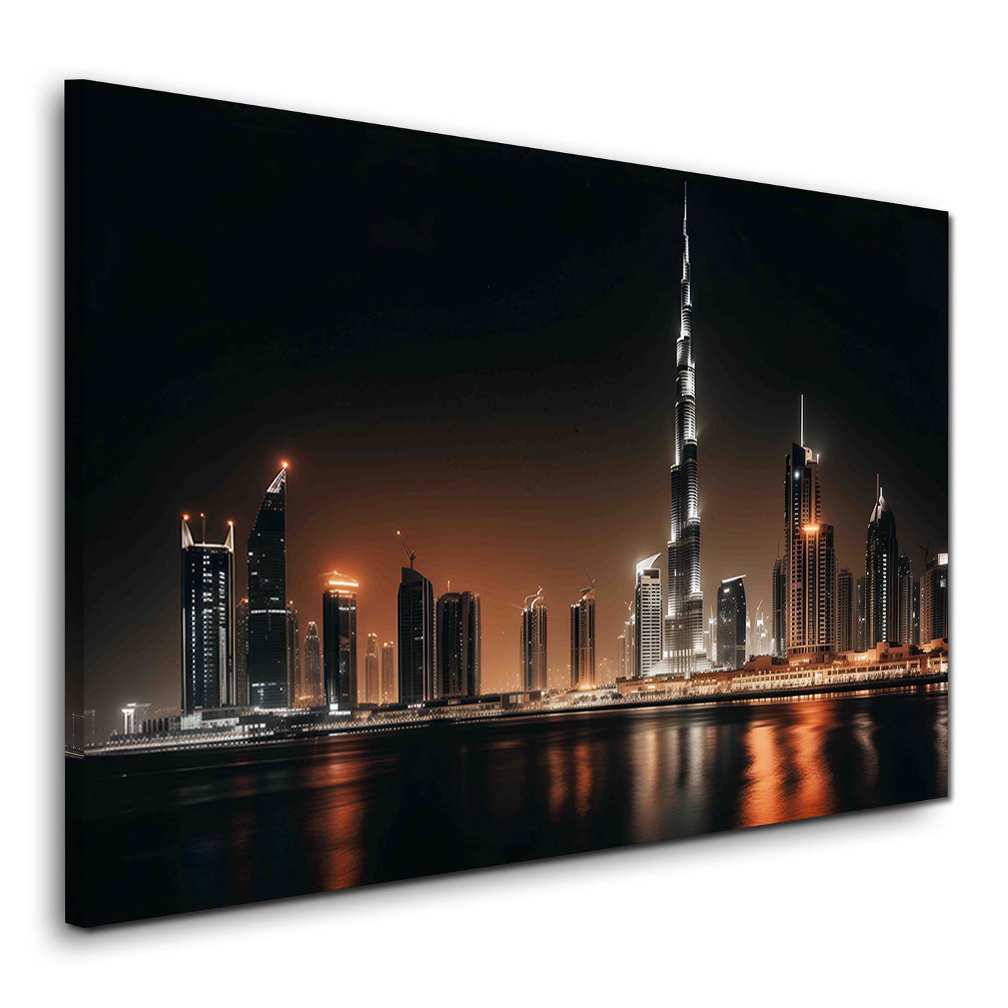 Skyline von Dubai Burj Khalifa am Wasser bei Nacht Wandbild