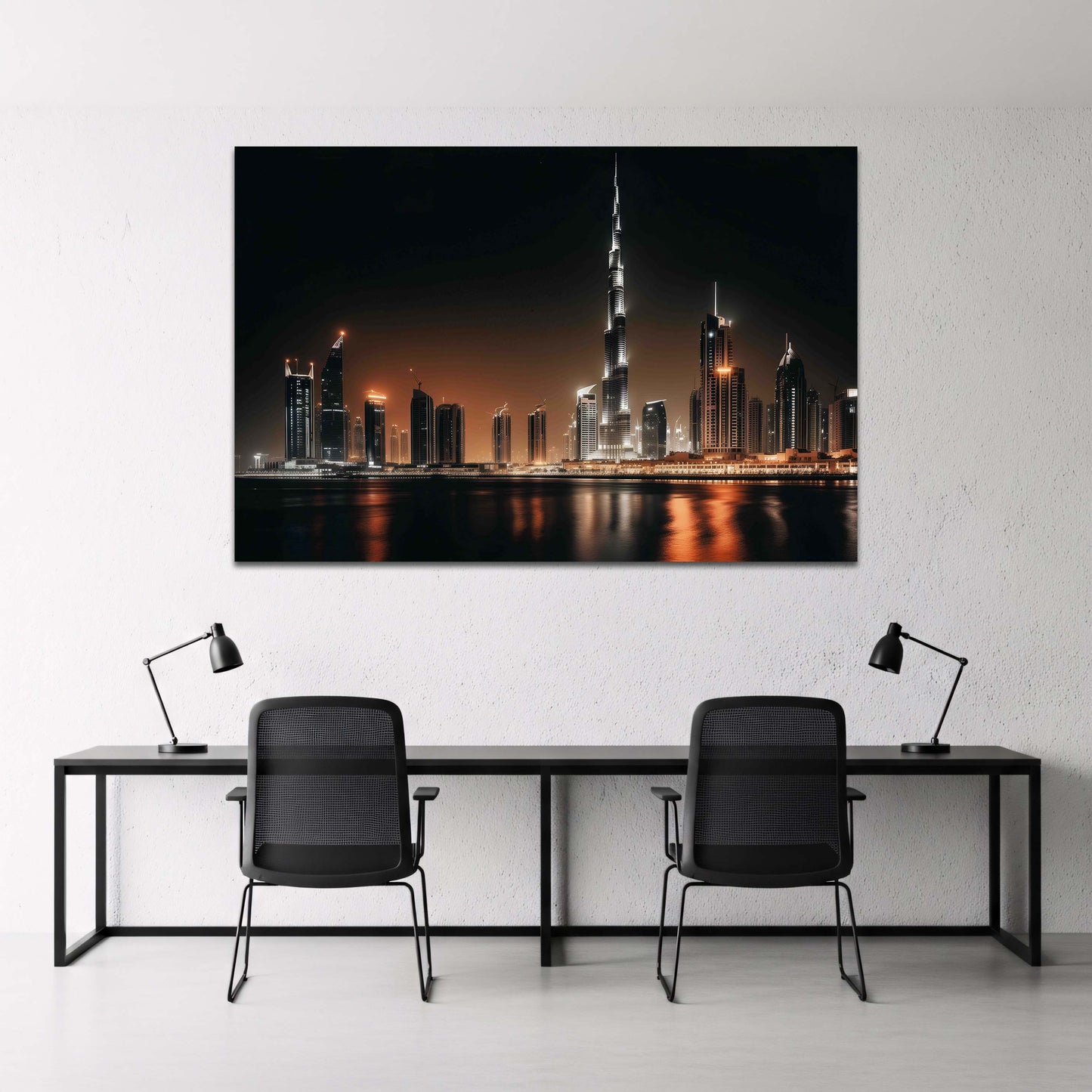 Skyline von Dubai Burj Khalifa am Wasser bei Nacht Wandbild