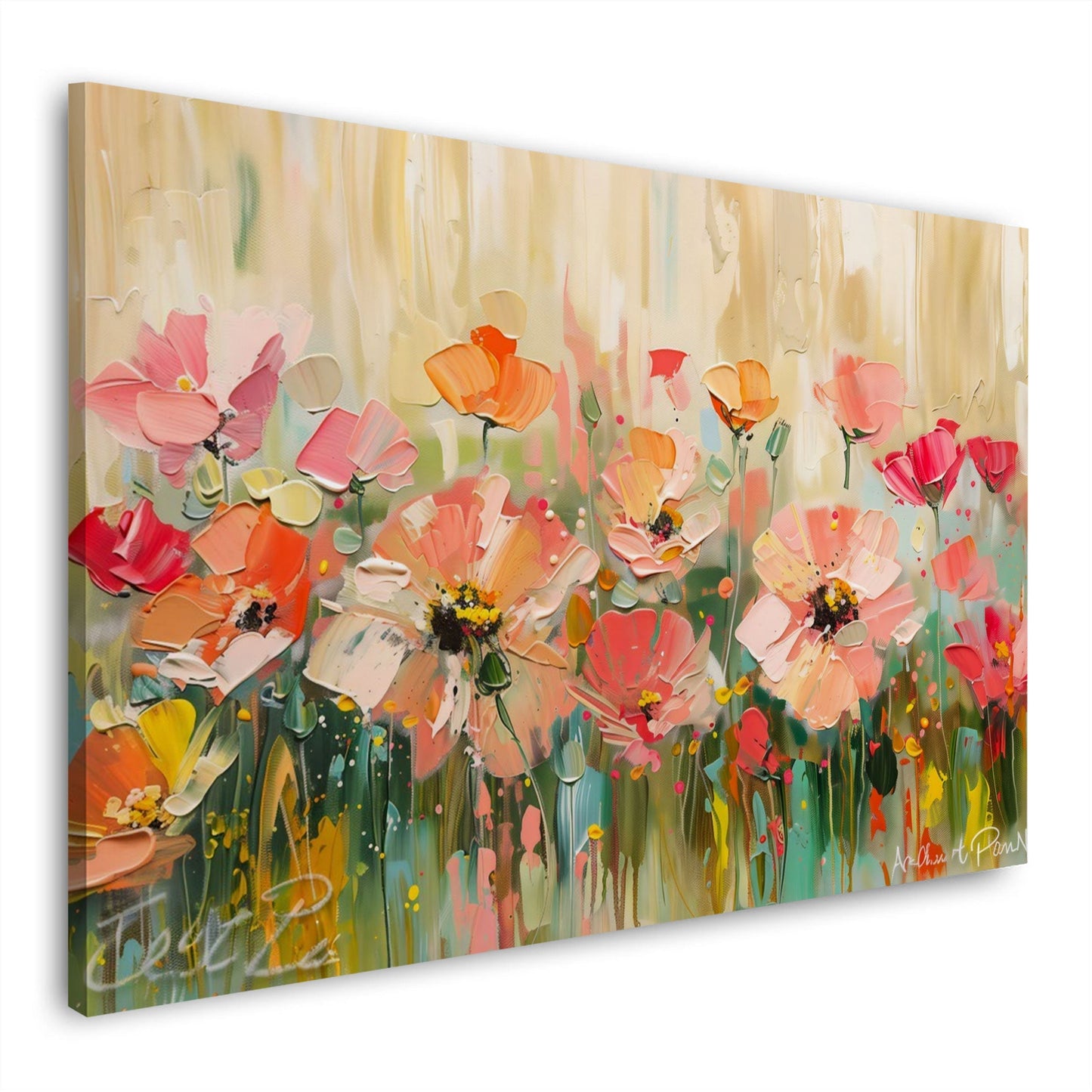 Sommerliche Blumenwiese mit Mohnblüten in Rosa und Orange – Wandbild im Querformat