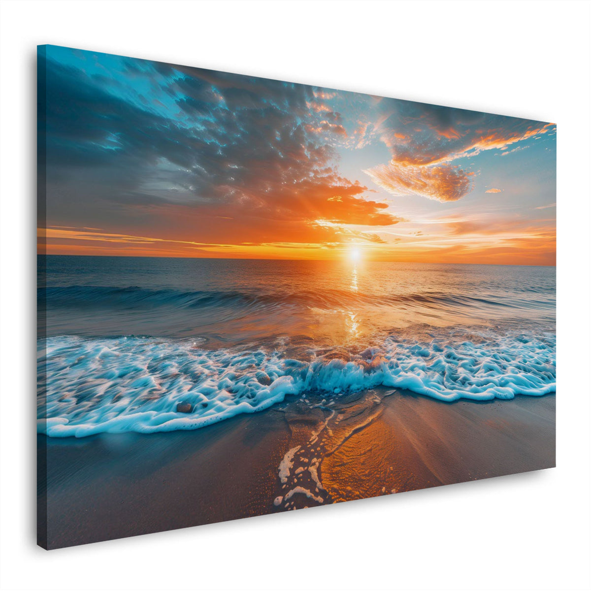 Sonnenstrahlen über dem Ozean mit Brandung als maritimes Wandbild