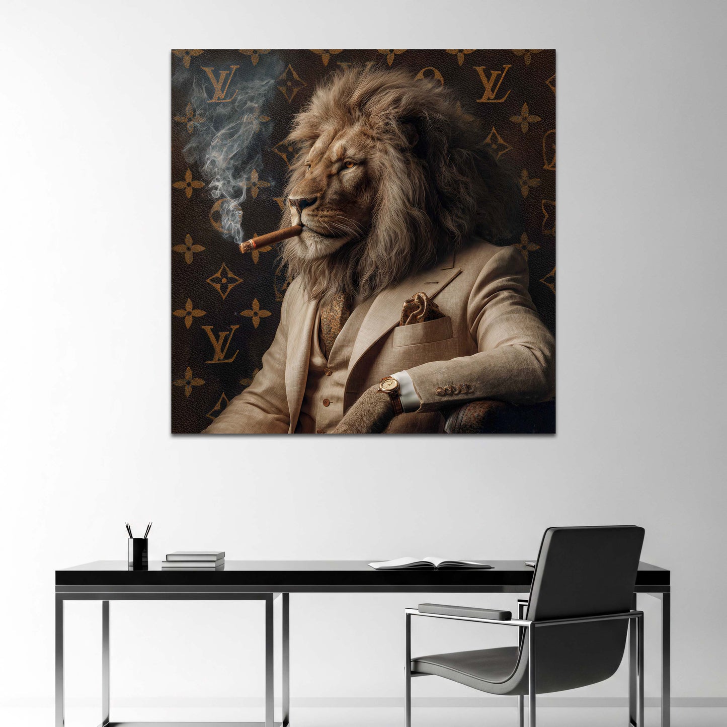 Souveräner Löwe mit Zigarre im Designer Look Eleganz Wandbild