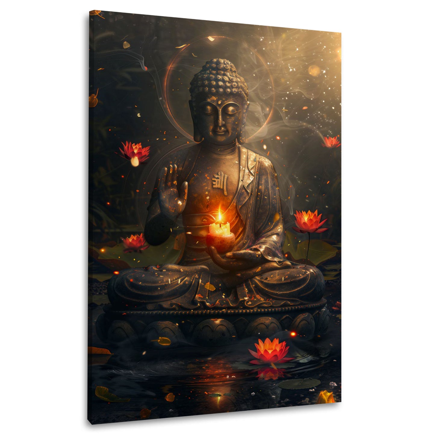 Spiritueller Buddha im Wasser Licht Flamme Lotusblumen Wandbild