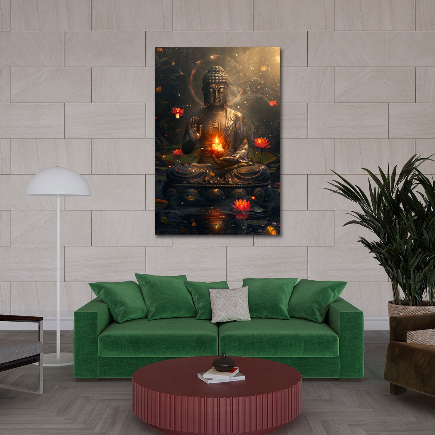 Spiritueller Buddha im Wasser Licht Flamme Lotusblumen Wandbild