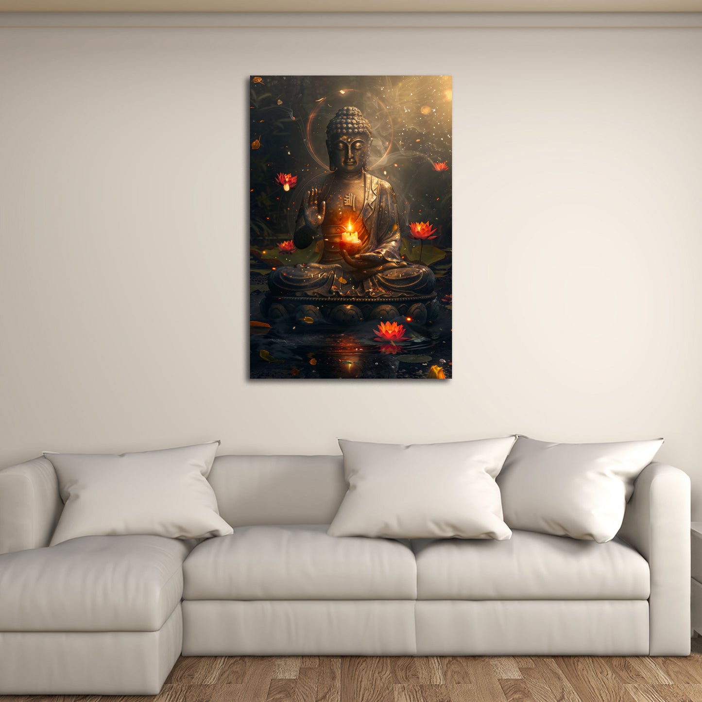 Spiritueller Buddha im Wasser Licht Flamme Lotusblumen Wandbild