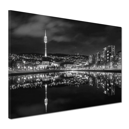 Stadtansicht Fernsehturm Stuttgart Lichterspiel schwarz weiß Wandbild