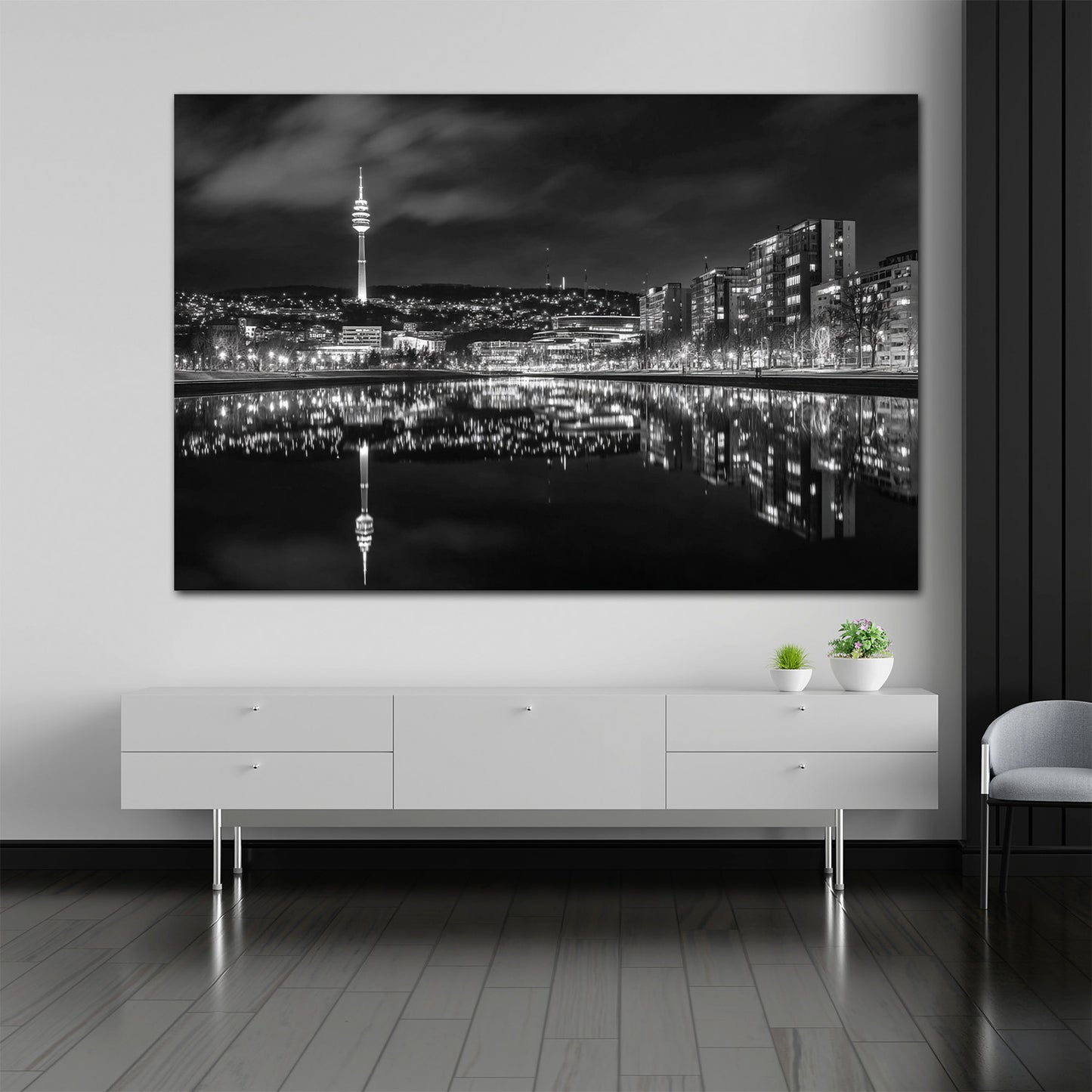 Stadtansicht Fernsehturm Stuttgart Lichterspiel schwarz weiß Wandbild