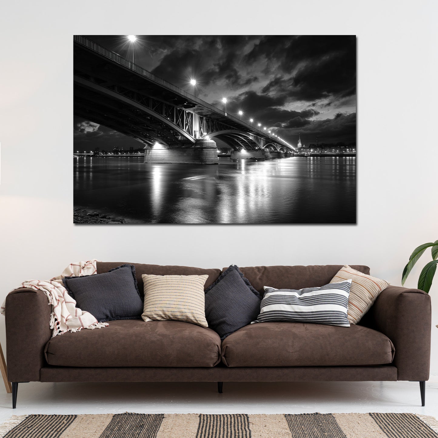Stadtpanorama Theodor-Heuss-Brücke Mainz schwarz weiß Wandbild