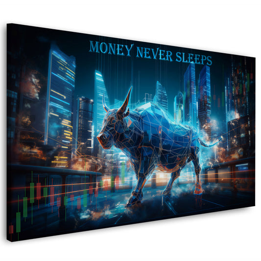 Stier Investment Geld Skyline Trading money never sleeps Wandbild