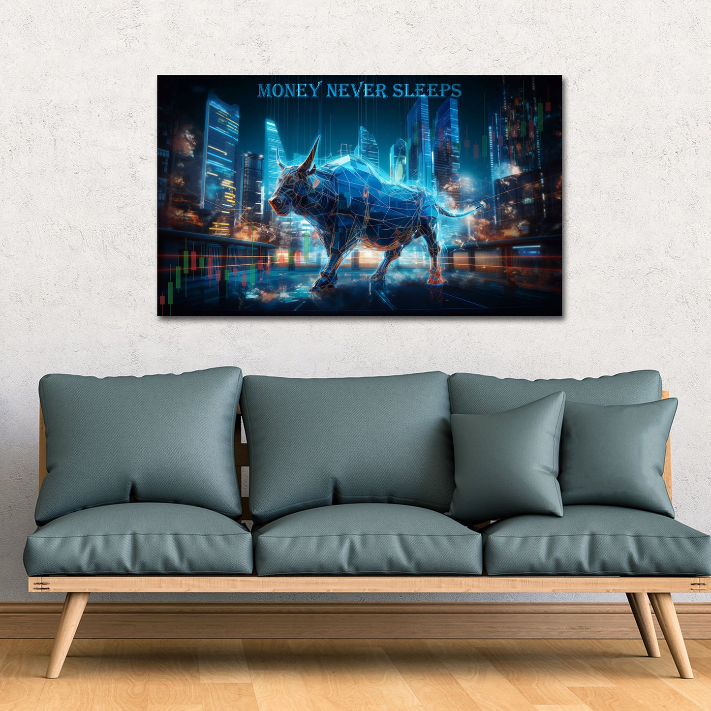 Stier Investment Geld Skyline Trading money never sleeps Wandbild