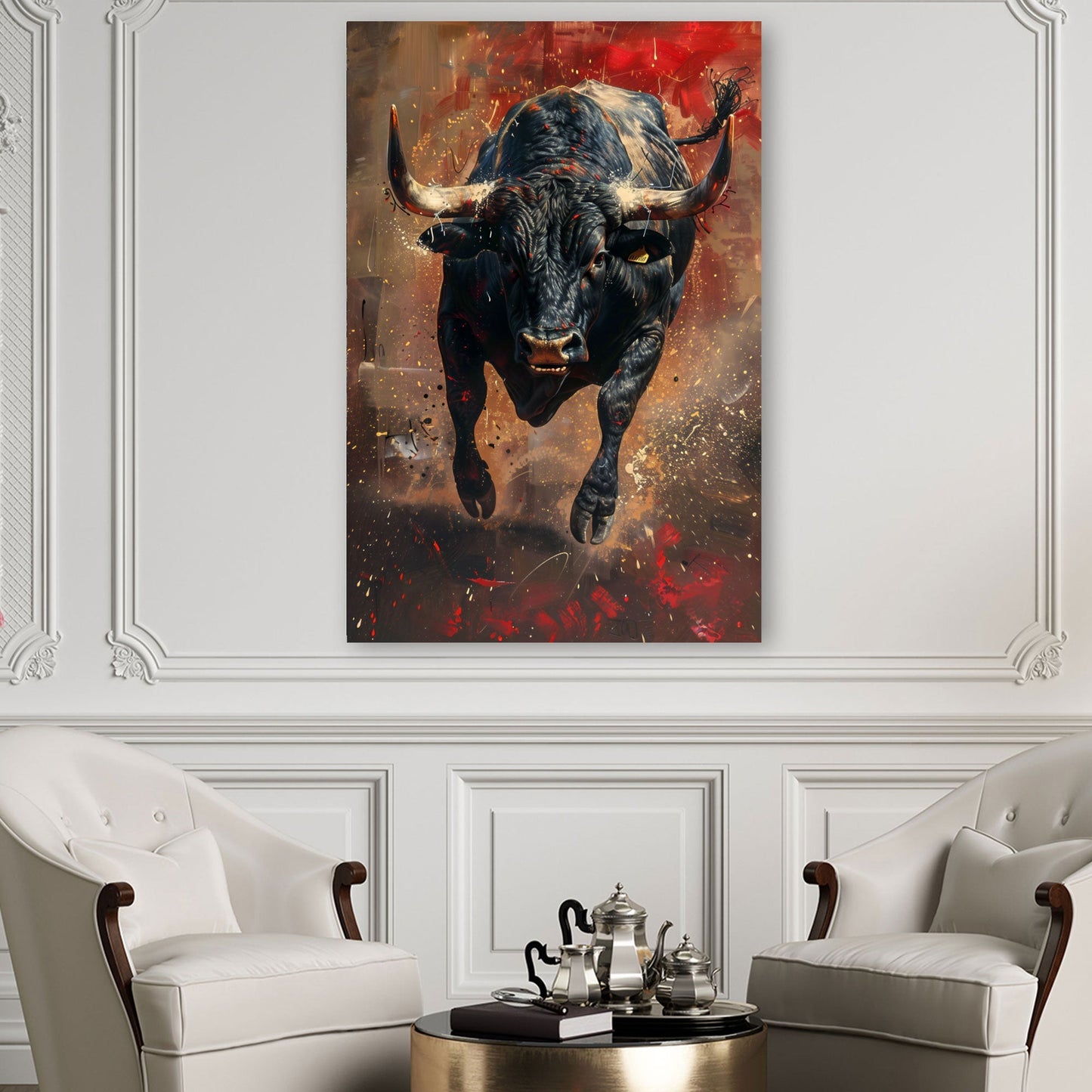 Stier Wandbild in Rot und Braun über der Couch im Wohnzimmer