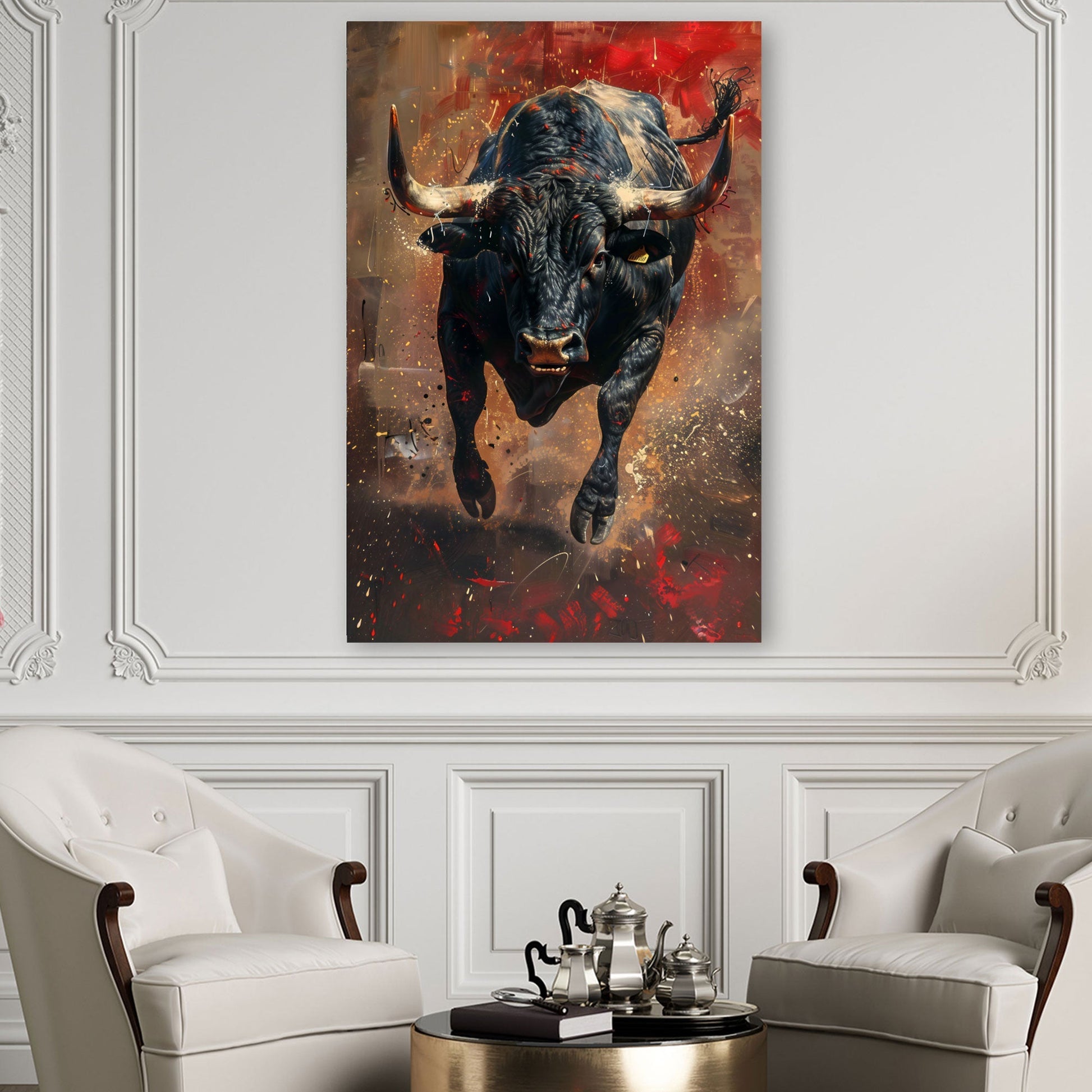Stier Wandbild in Rot und Braun über der Couch im Wohnzimmer