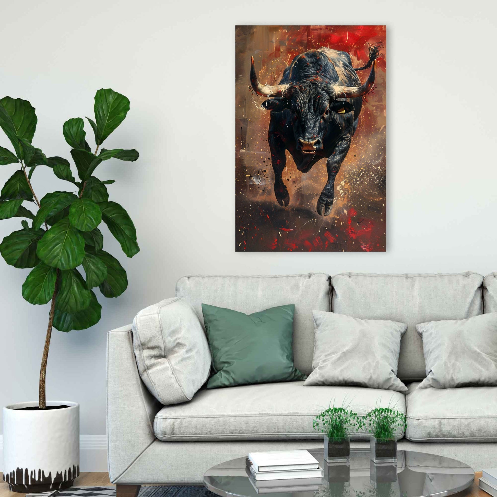 Laufender Stier als Wandbild im modernen Büro