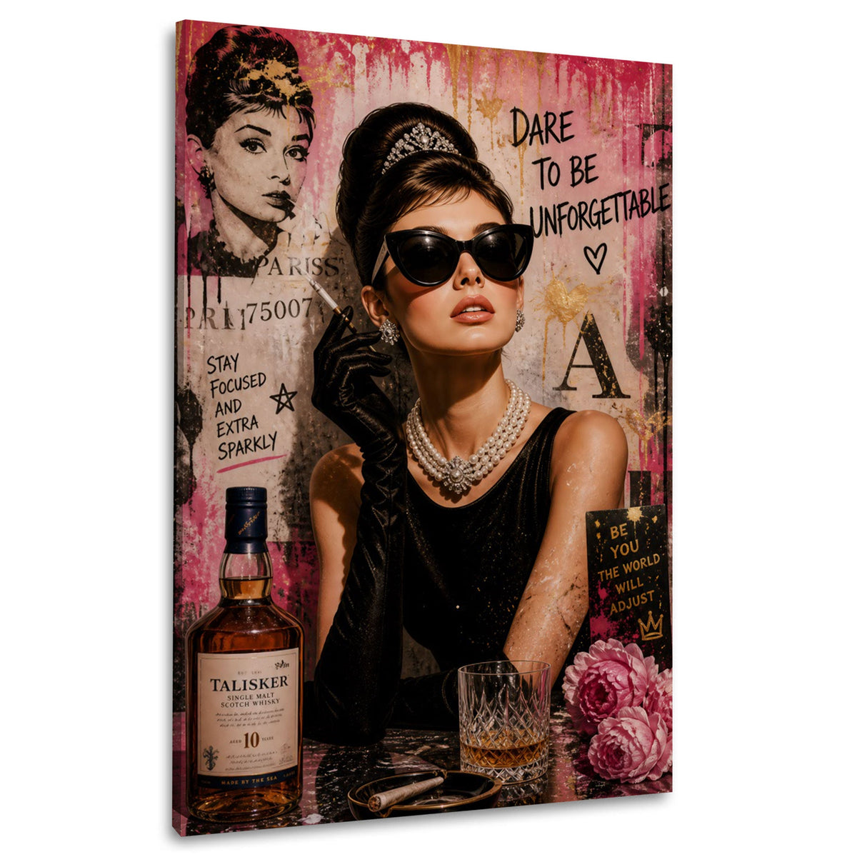 Wandbild Stilikone Audrey mit Sonnenbrille in Rosa und Schwarz