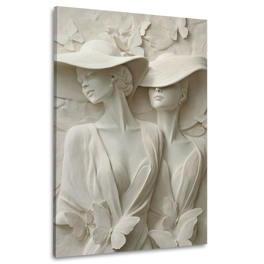 Stilvolle Damen Skulptur mit Hüten und Schmetterlingen Wandbild