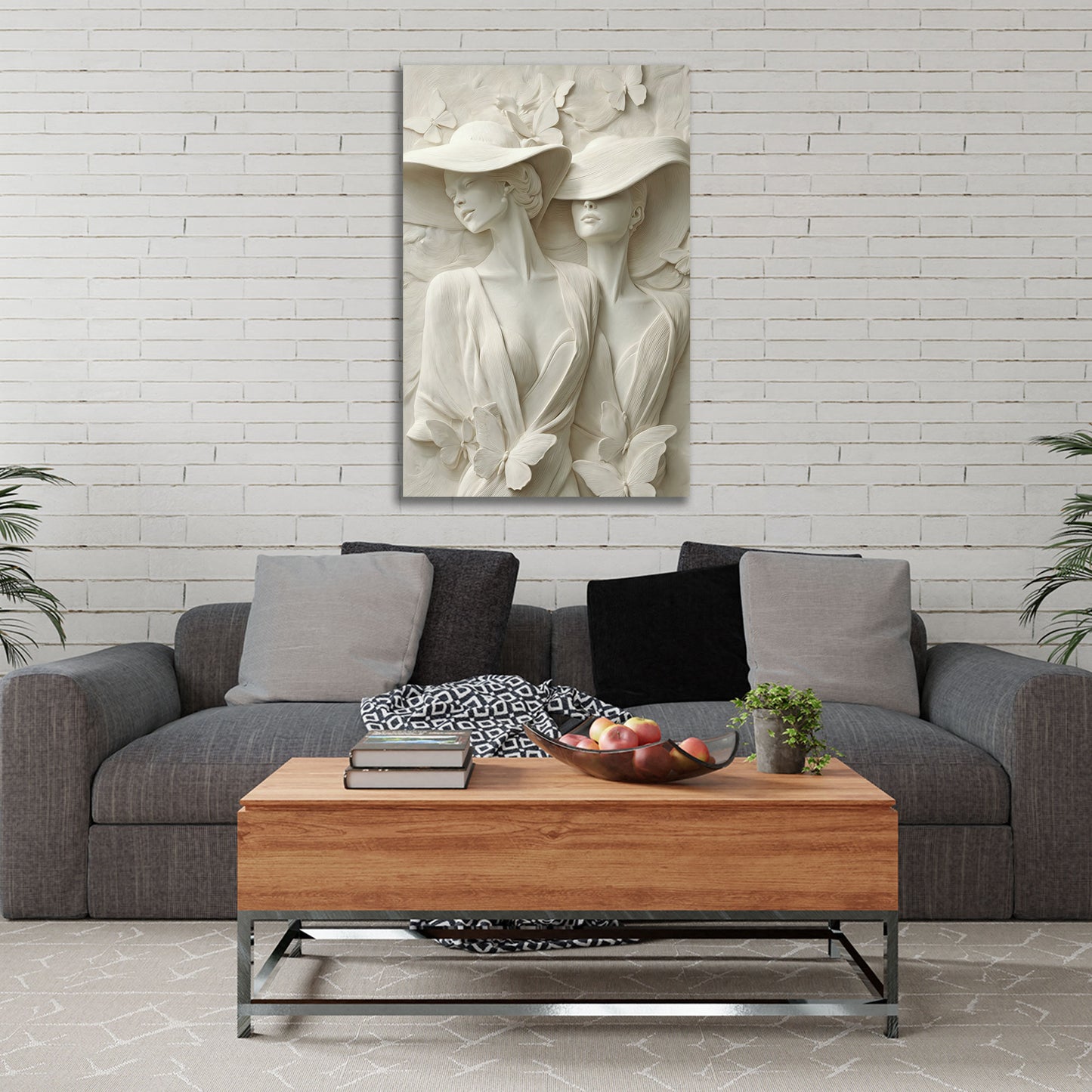 Stilvolle Damen Skulptur mit Hüten und Schmetterlingen Wandbild