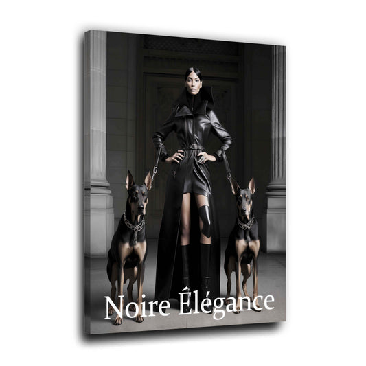 Stilvolle Fashion Szene Noire Élégance schwarz weiß mit Frau und Hunden Wandbild