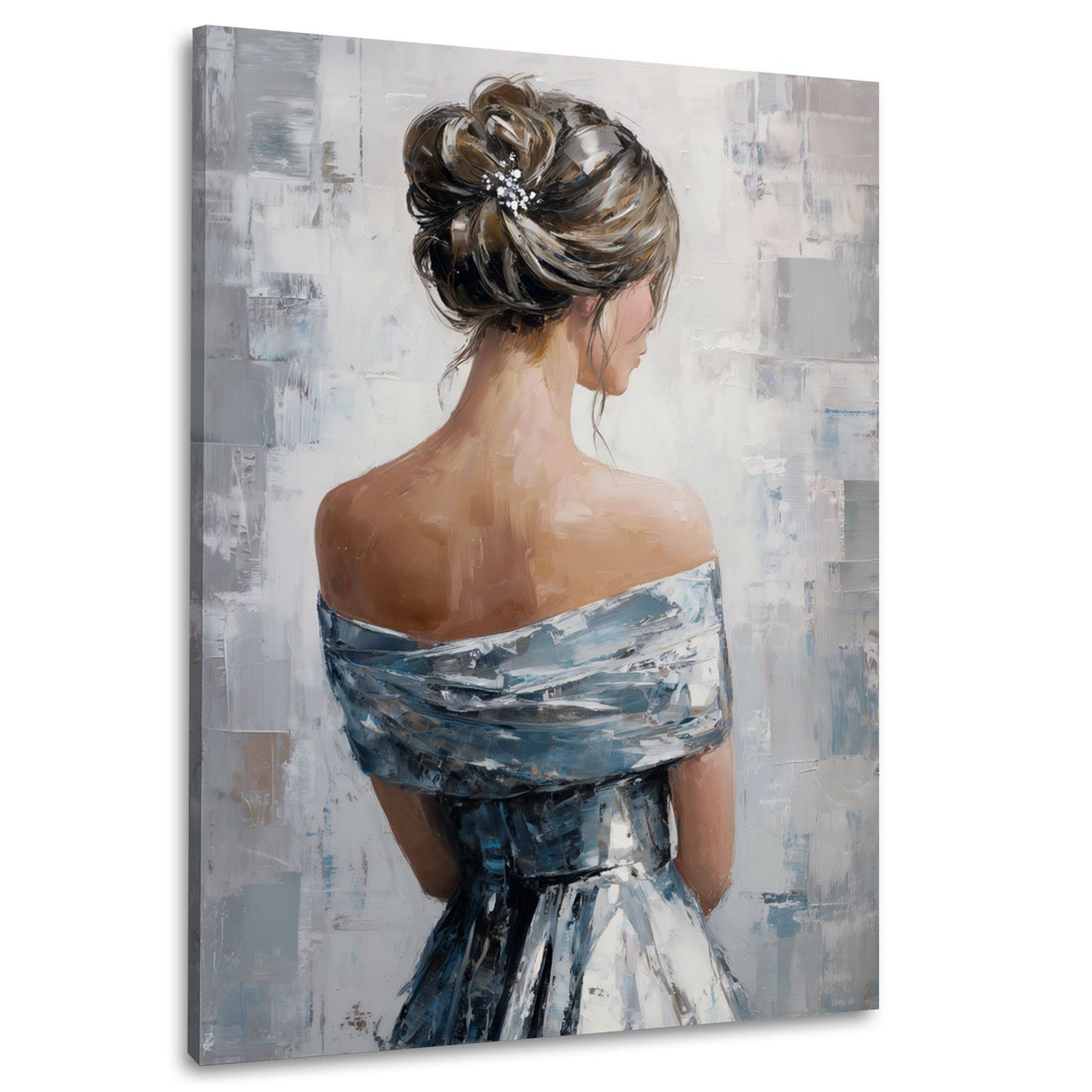 Stilvolle Frau hinten mit Hochsteckfrisur blaues Kleid Wandbild