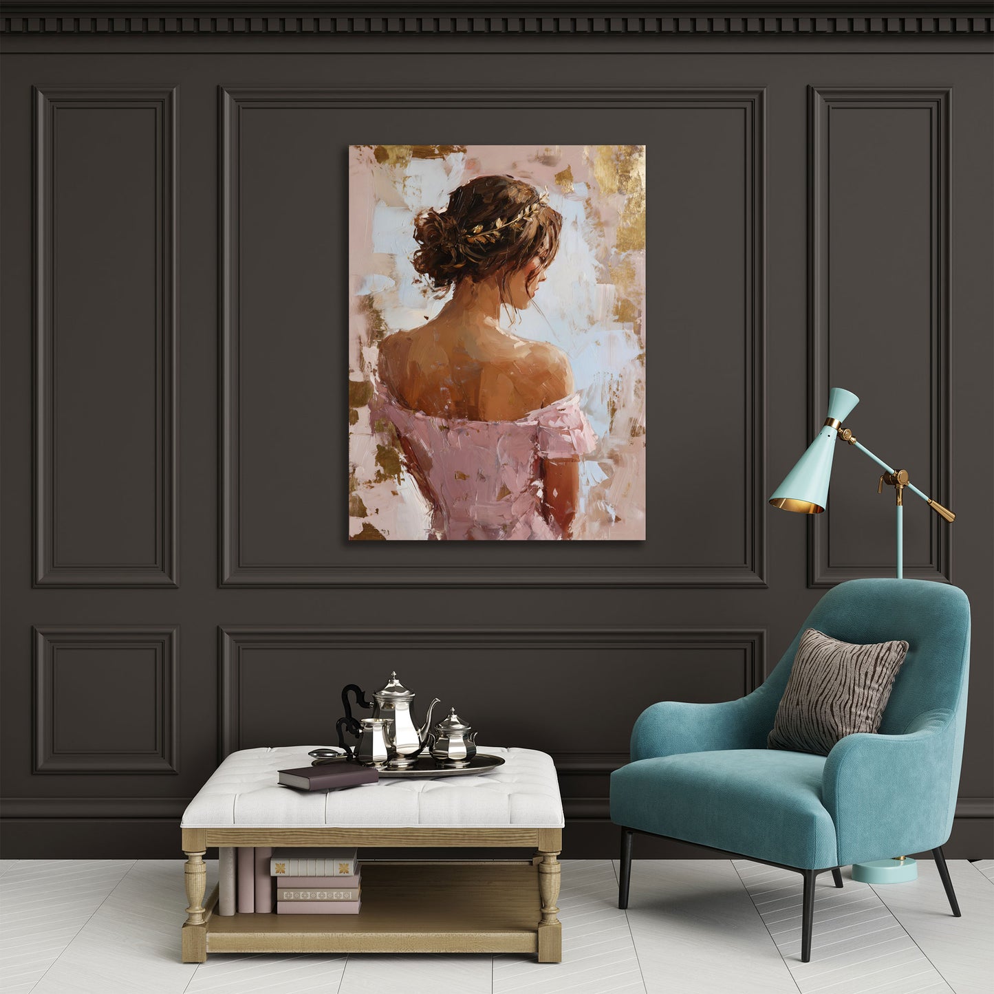 Stilvolle Frau von hinten mit Hochsteckfrisur modern Wandbild