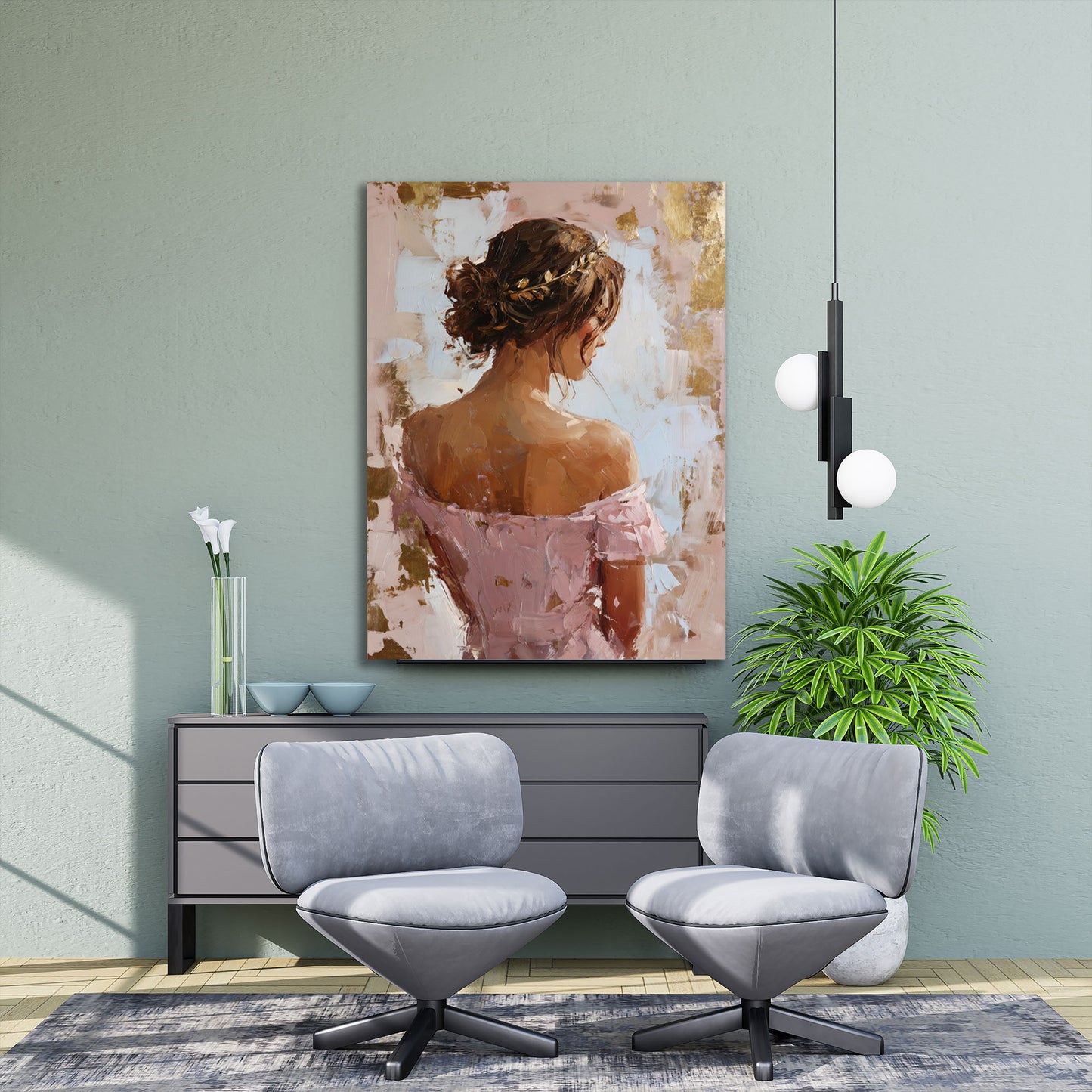 Stilvolle Frau von hinten mit Hochsteckfrisur modern Wandbild