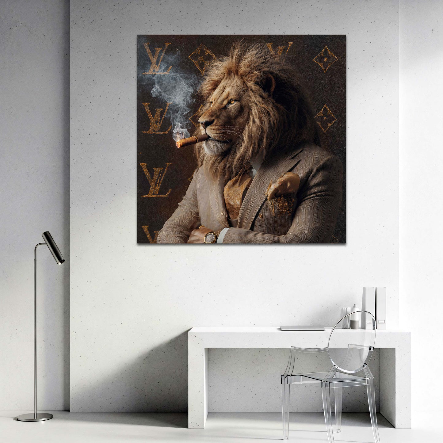 Stilvoller Löwe mit Zigarre Eleganz Reichtum Statement Wandbild