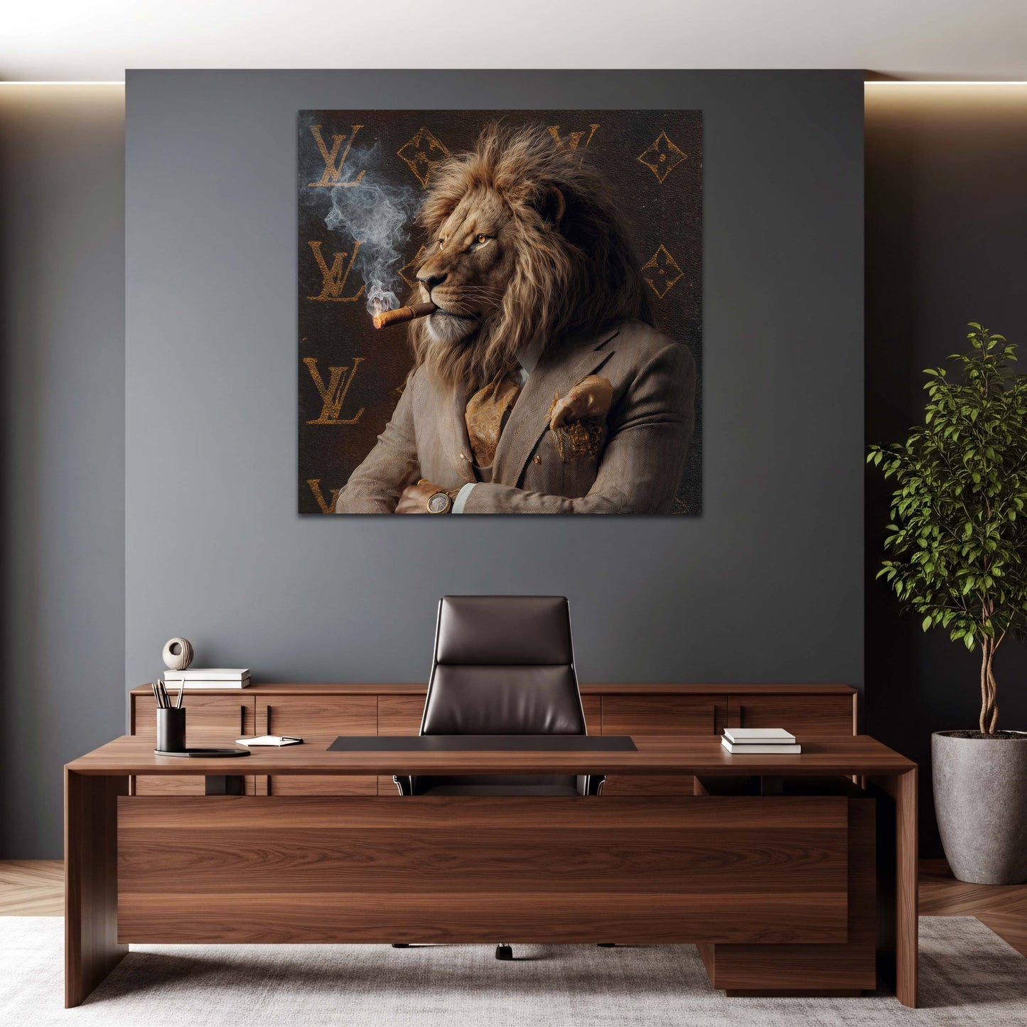 Stilvoller Löwe mit Zigarre Eleganz Reichtum Statement Wandbild