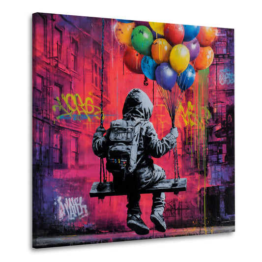 Street Art Kind auf Schaukel mit Luftballons Stadt Wandbild