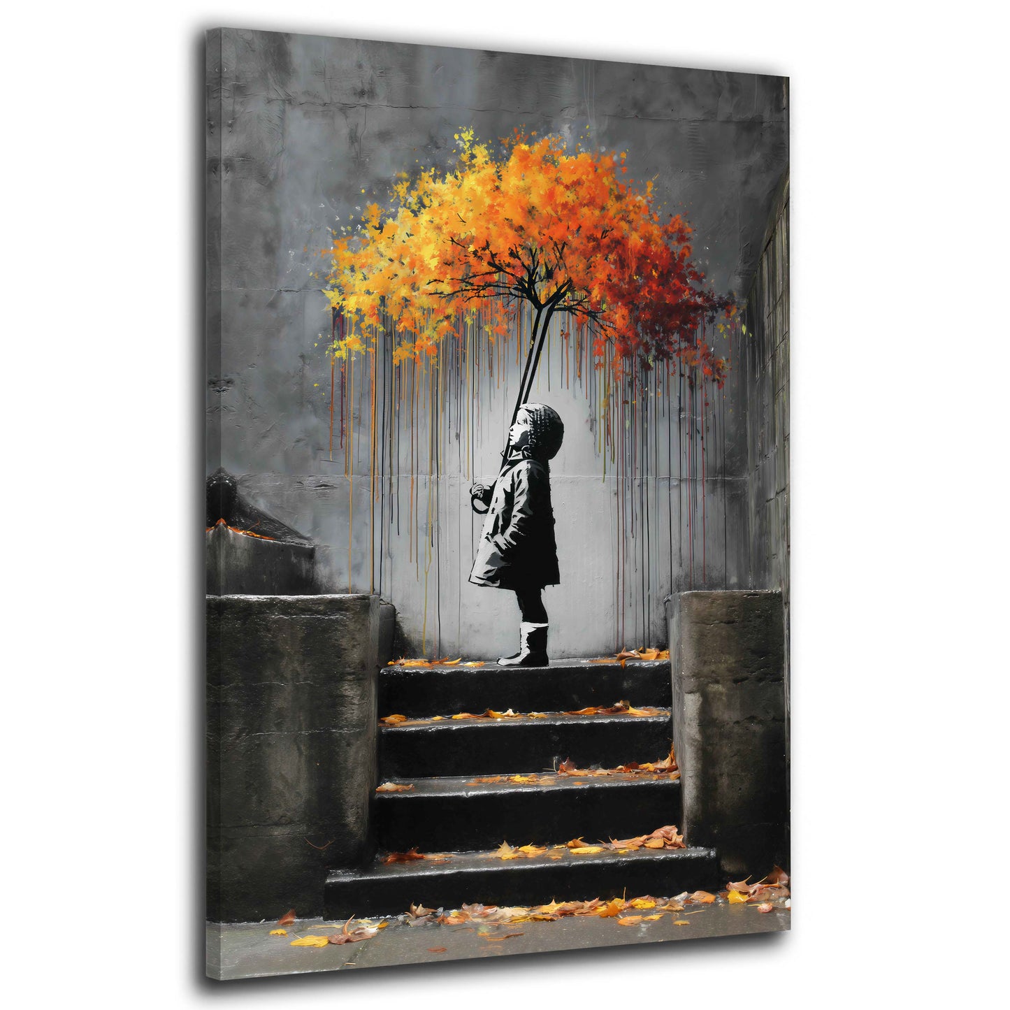 Street Art Kind auf Treppe mit Regenschirm Wandbild