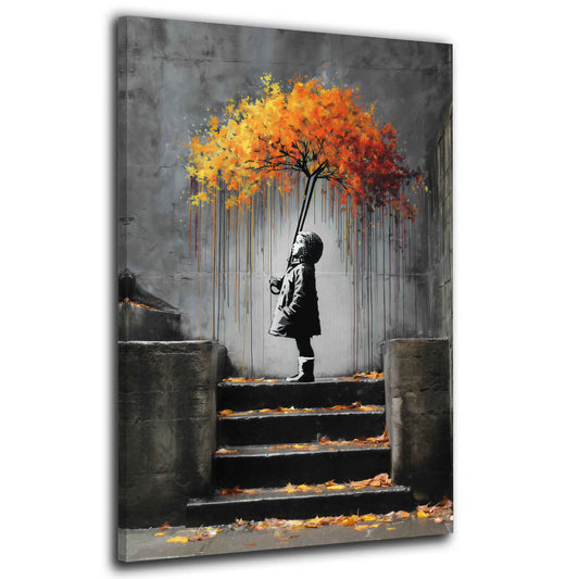 Street Art Kind auf Treppe mit Regenschirm Wandbild