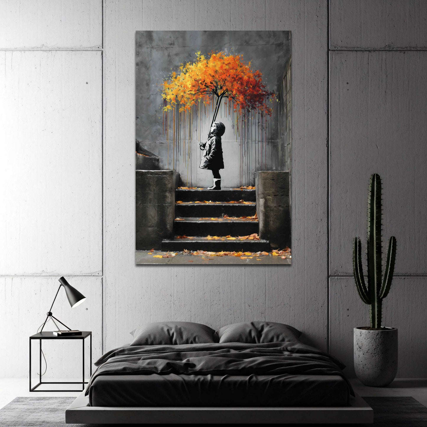 Street Art Kind auf Treppe mit Regenschirm Wandbild