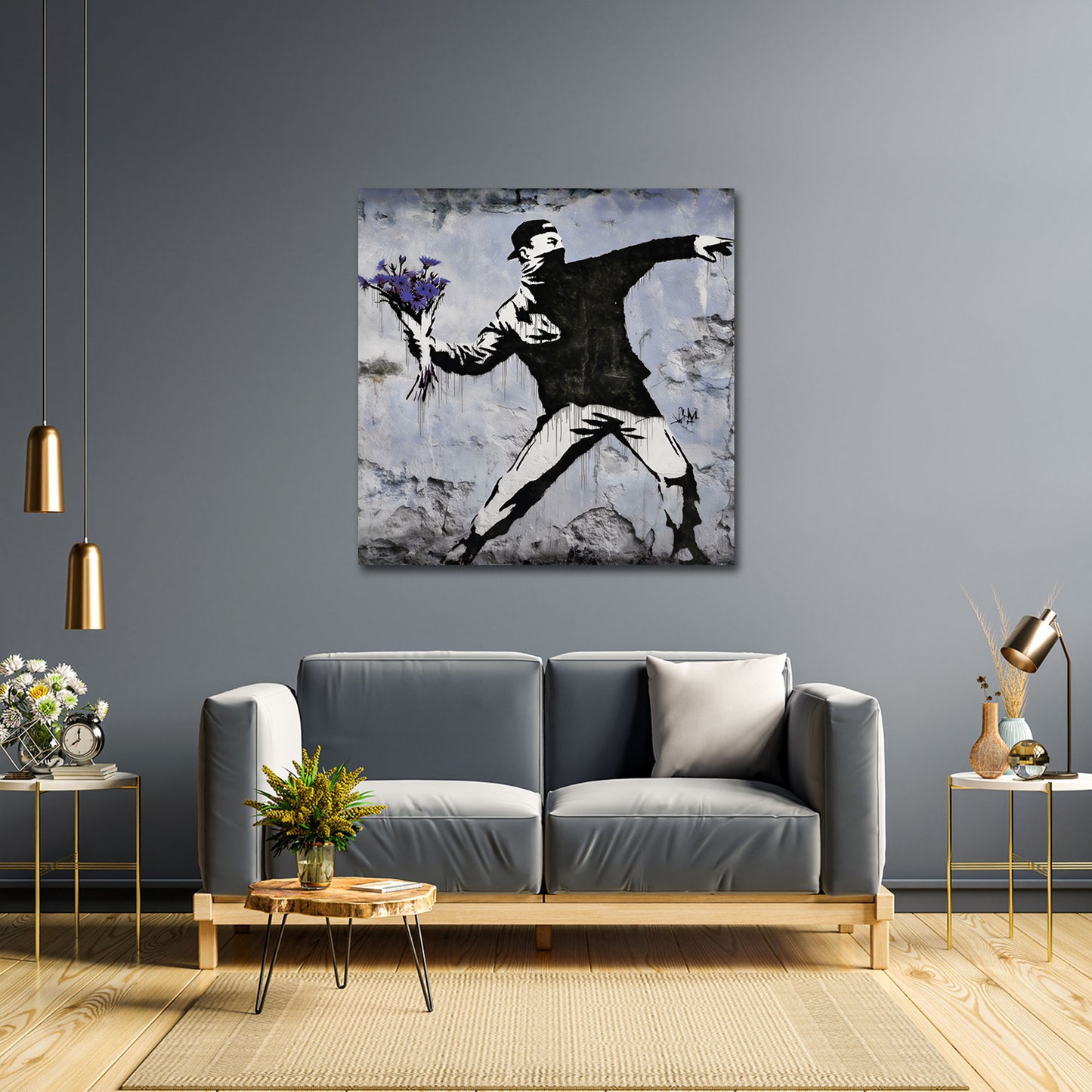Street Art maskierter Rebell mit Blumenstrauß Statement Wandbild