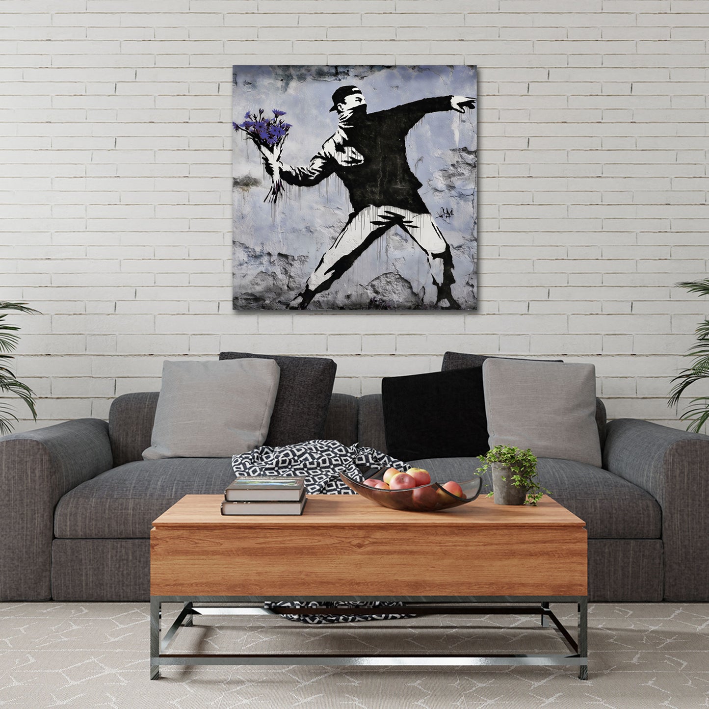 Street Art maskierter Rebell mit Blumenstrauß Statement Wandbild