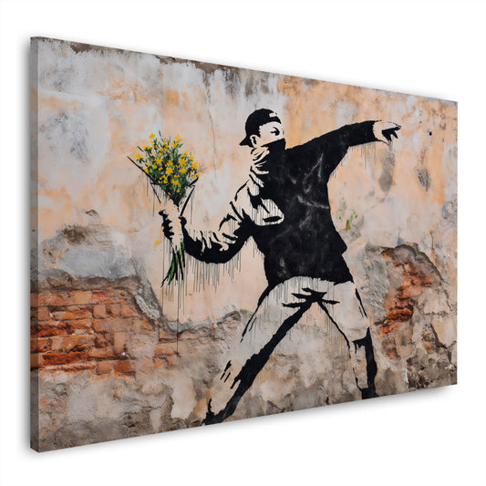Street Art maskierter Rebell wirft Blumenstrauß Wandbild