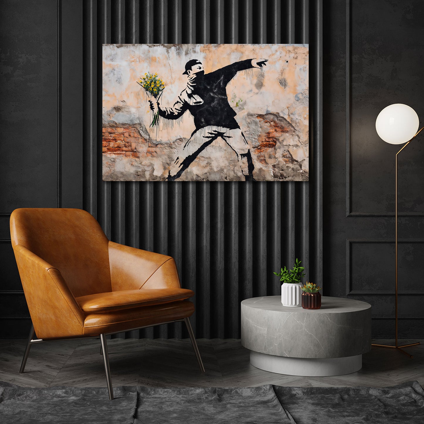 Street Art maskierter Rebell wirft Blumenstrauß Wandbild