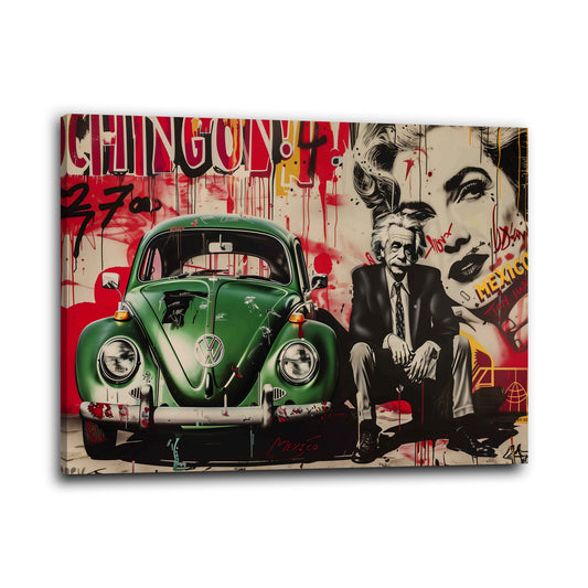 Street Art VW Oldtimer vor mexikanischer Wand mit Ikonen Wandbild