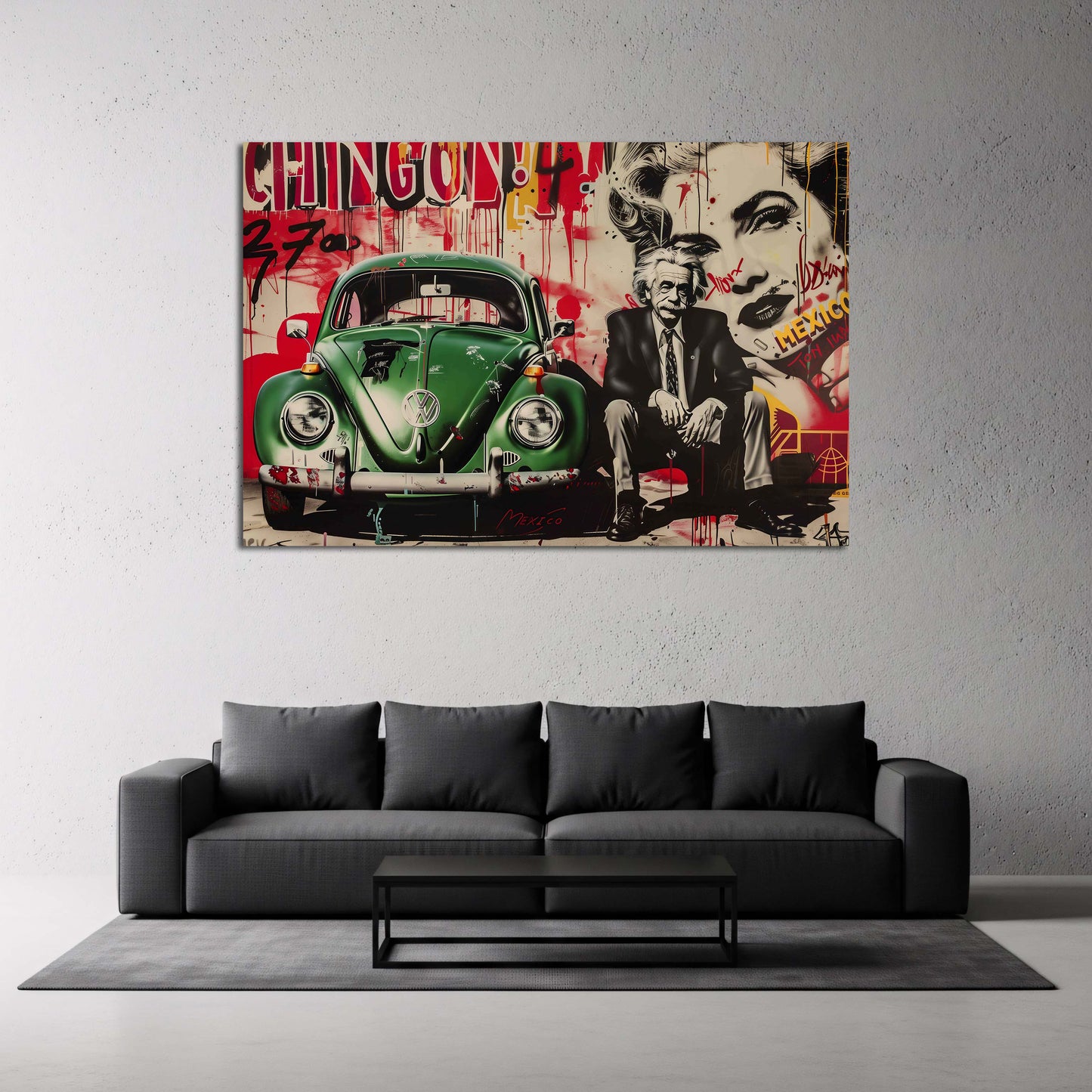Street Art VW Oldtimer vor mexikanischer Wand mit Ikonen Wandbild