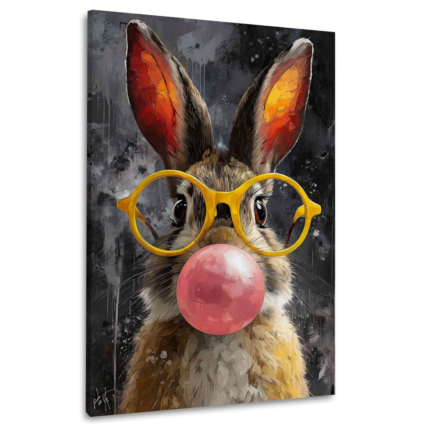 Süßer Hase mit Kaugummiblase und Brille Pop Art Wandbild