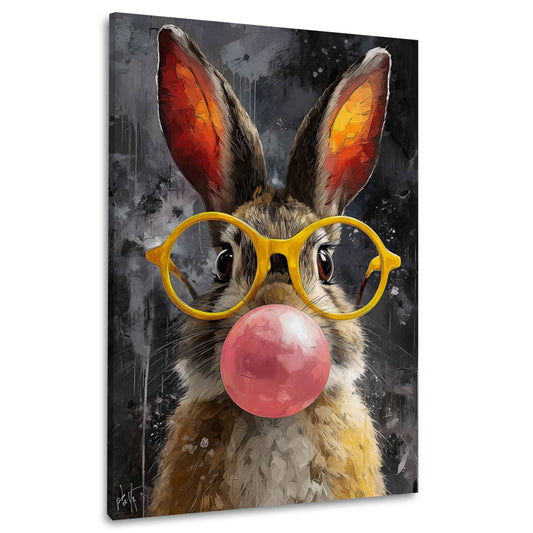 Süßer Hase mit Kaugummiblase und Brille Pop Art Wandbild
