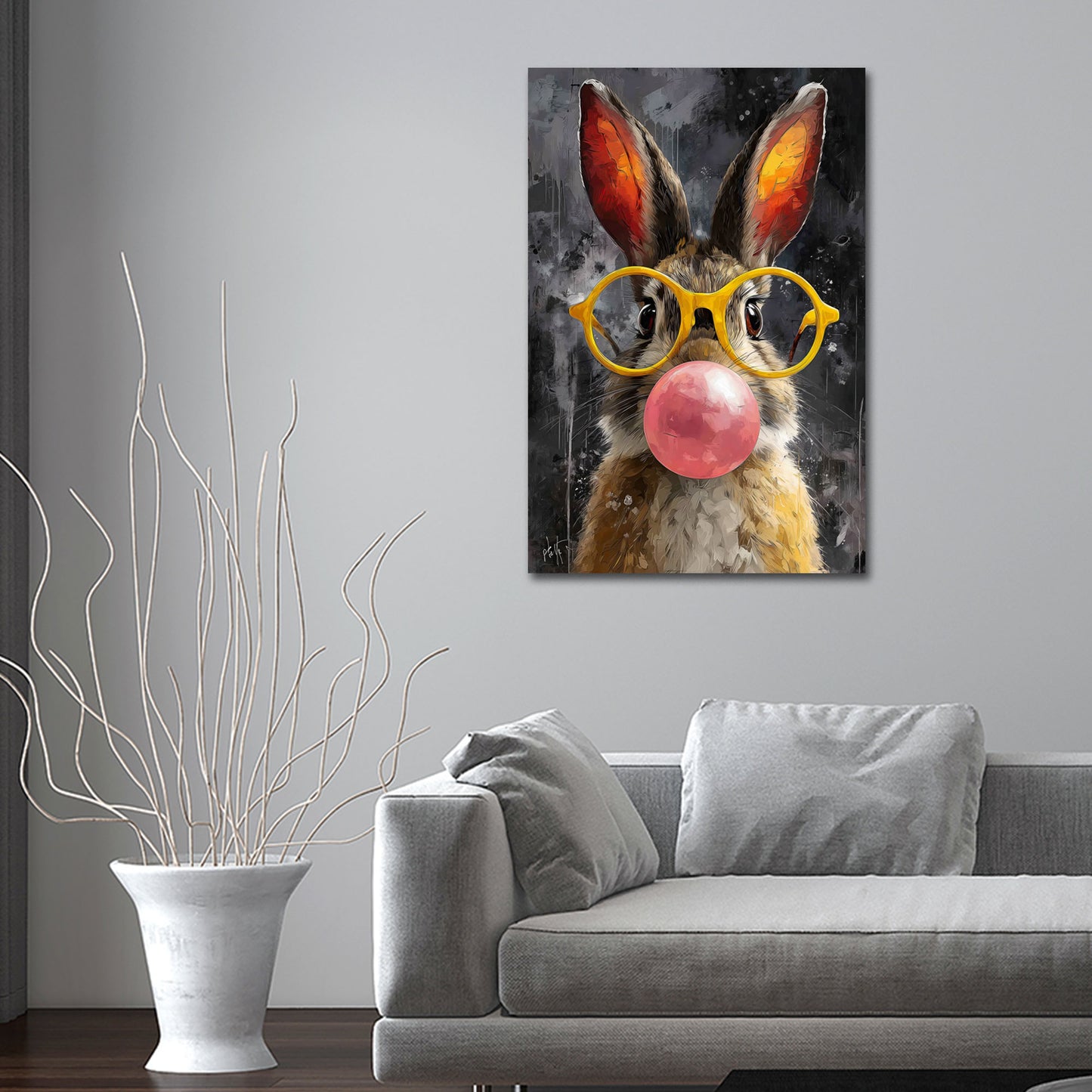 Süßer Hase mit Kaugummiblase und Brille Pop Art Wandbild