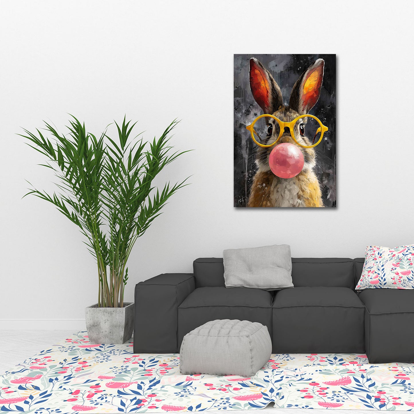 Süßer Hase mit Kaugummiblase und Brille Pop Art Wandbild