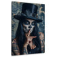 Wandbild tätowierte Catrina mit Zylinder und Finger am Mund