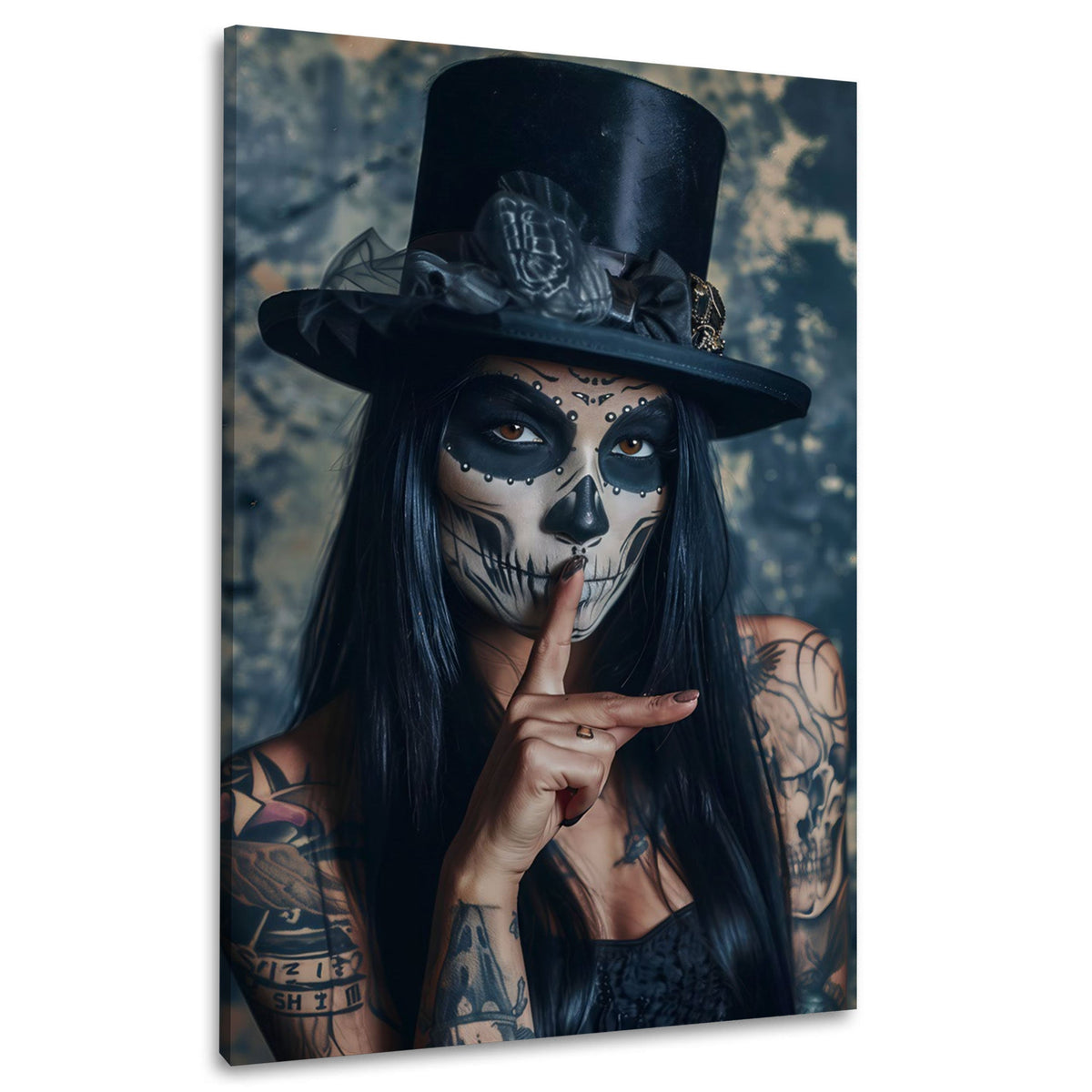 Wandbild tätowierte Catrina mit Zylinder und Finger am Mund