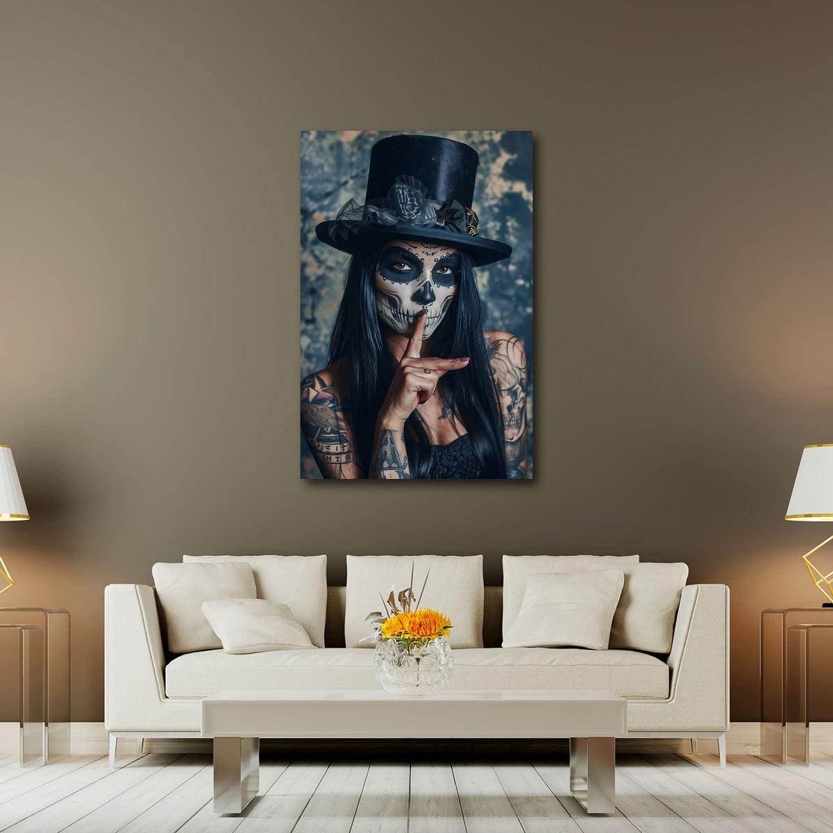 Detailansicht Catrina Porträt mit Make-up und Tätowierungen