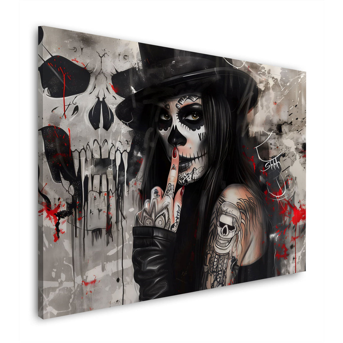 Wandbild tätowierte Gothic Frau mit Skull Make-up und Zylinder