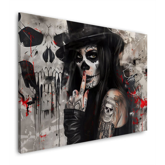 Wandbild tätowierte Gothic Frau mit Skull Make-up und Zylinder