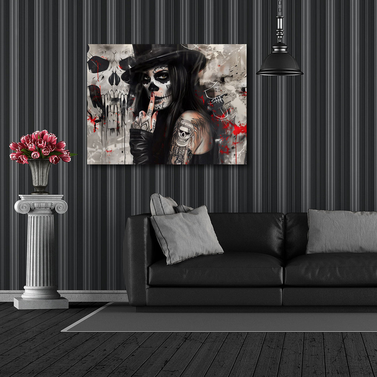 Porträt Wandbild im Querformat über dem Sofa