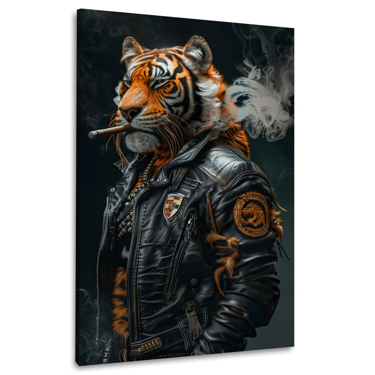 Wandbild Tiger als Biker in schwarzer Lederjacke vor dunklem Grund auf Leinwand