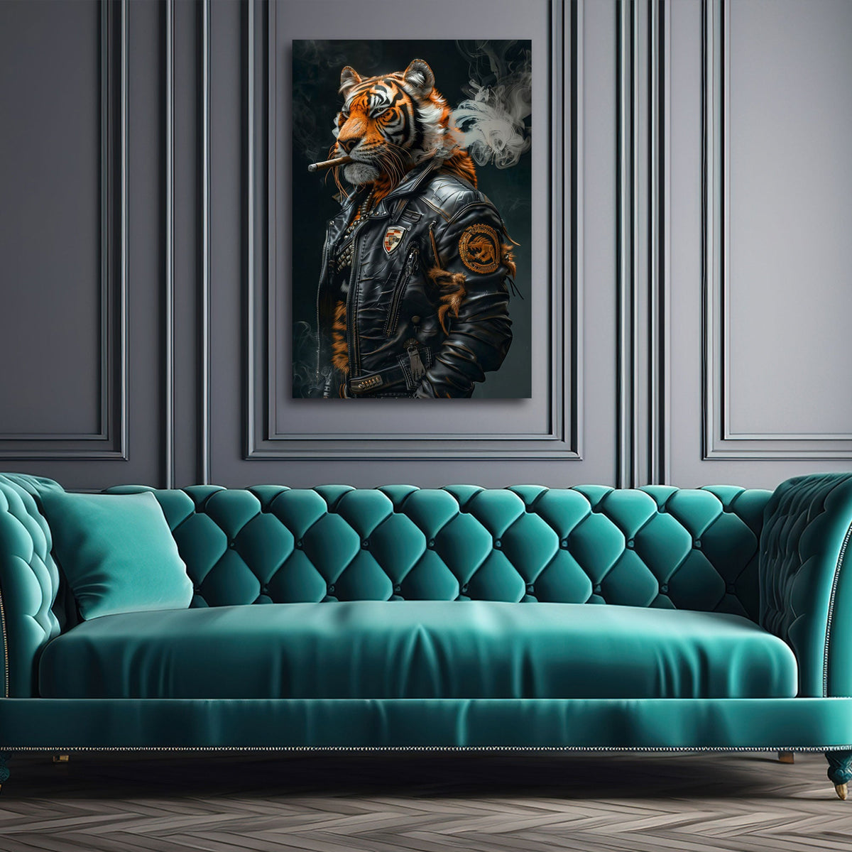 Tiger Porträt Wandbild im Hochformat im modernen Wohnraum