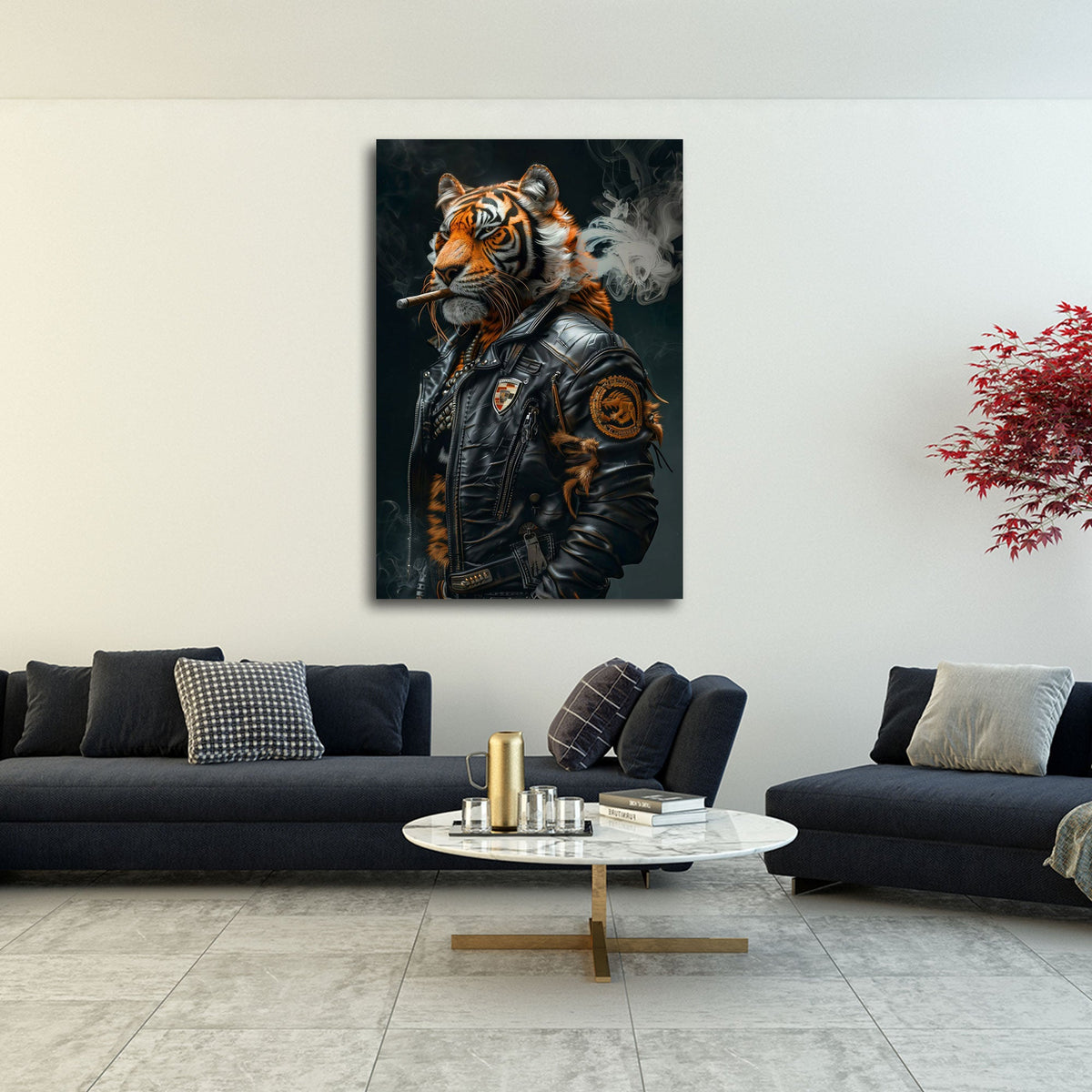 Detailansicht Tiger Wandbild mit Lederjacke Nieten und Rauchschwaden