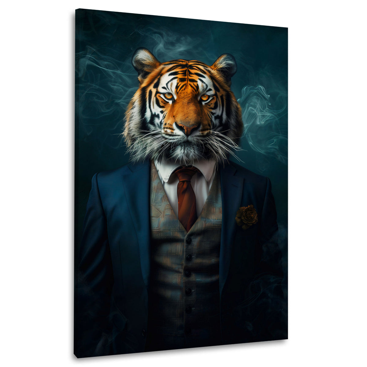 Wandbild Tiger Gentleman im blauen Anzug mit Weste als Porträt auf Leinwand