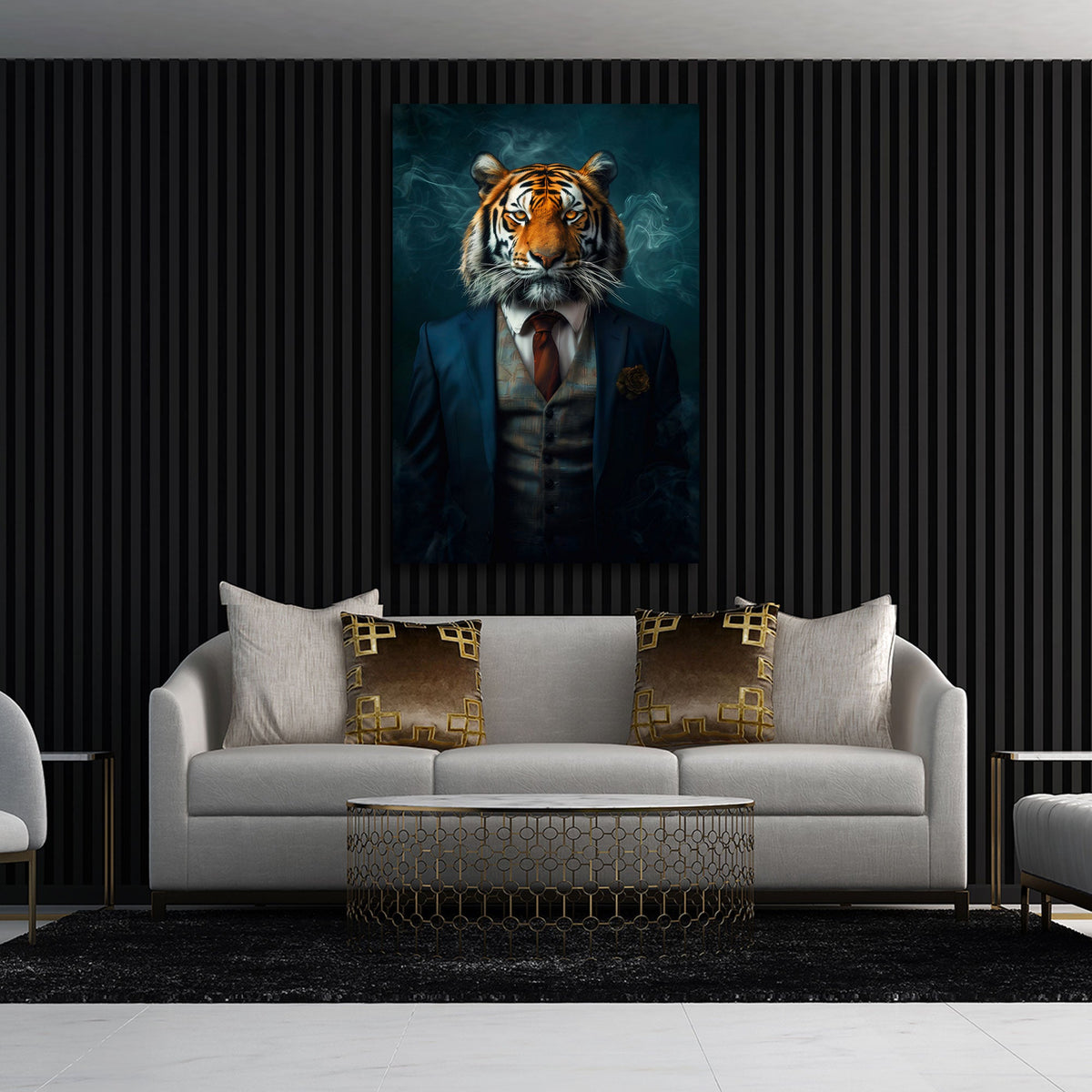 Detailansicht Tiger Porträt Wandbild mit Krawatte und karierter Weste